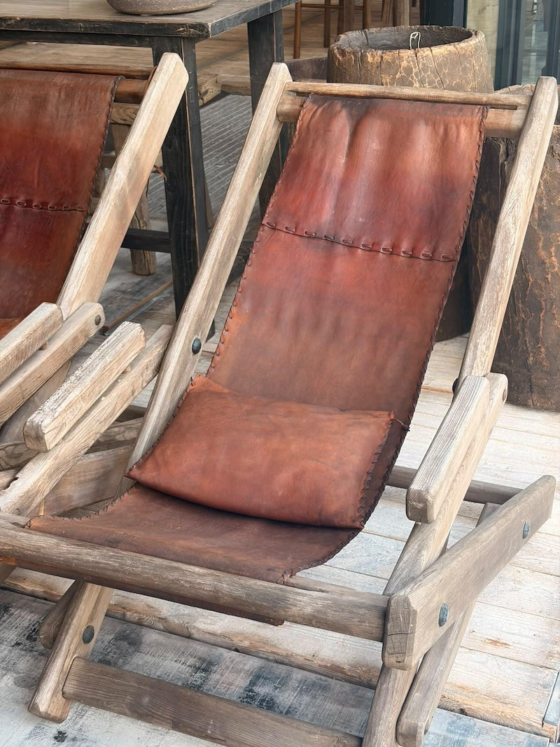 Schommel/vouwstoel eiken en leder - set van twee stuks