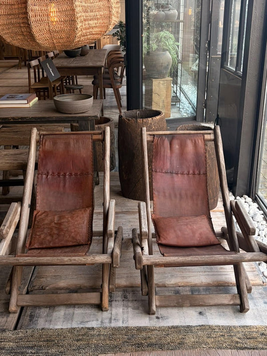 Schommel/vouwstoel eiken en leder - set van twee stuks